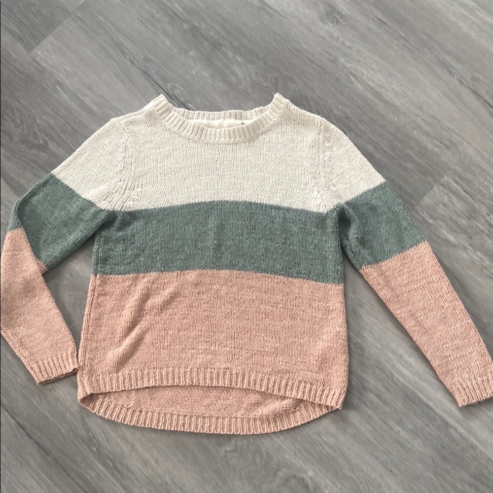 Only Cream and Green Color Block Crew Neck Sweater